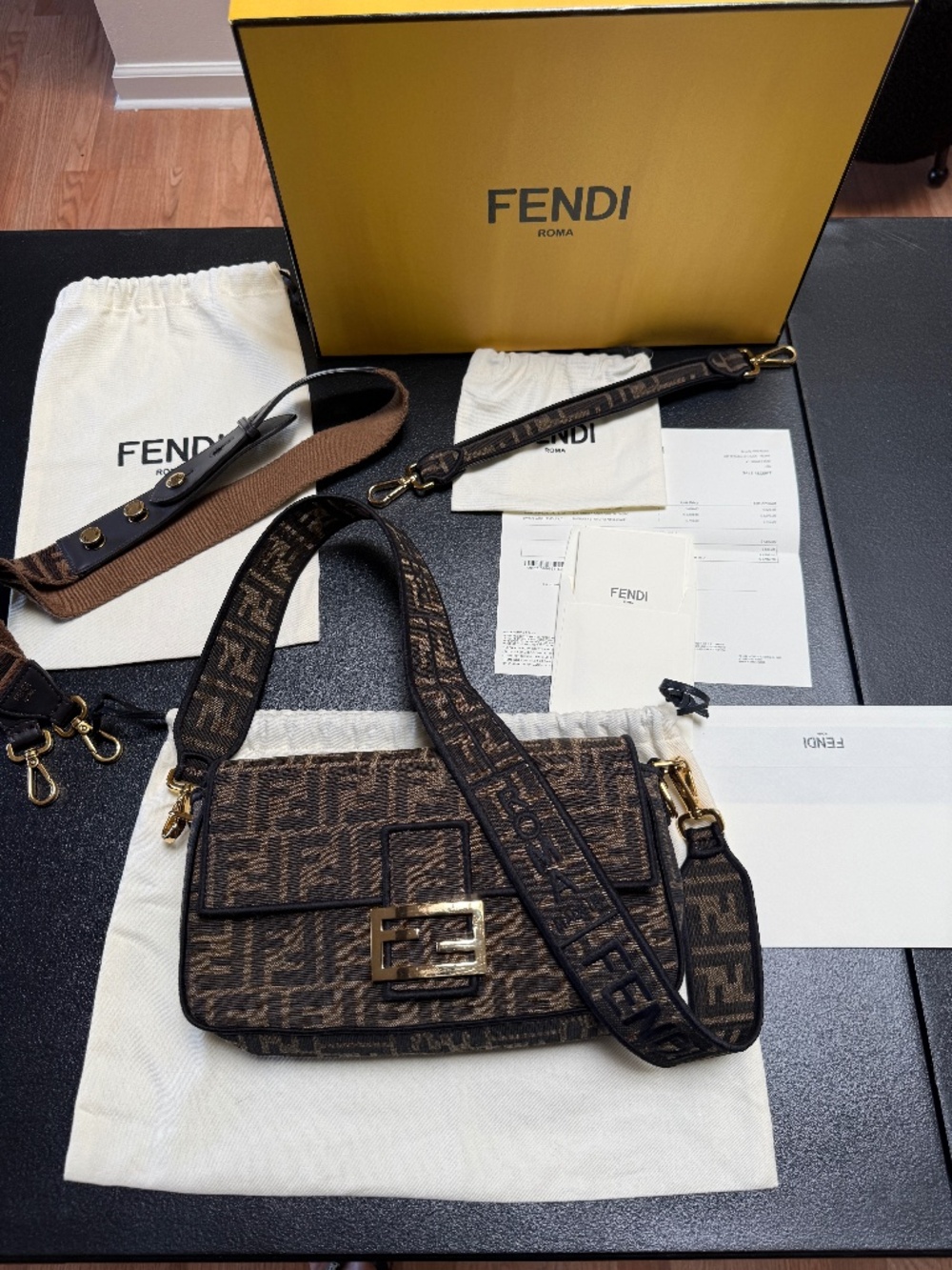 FENDI Baguette Brown FF Jacquard Fabric Bag
